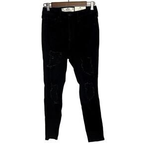 NWT Hollister Curvy High Rise Super Skinny Distressed Jeans Black Denim Size 7
